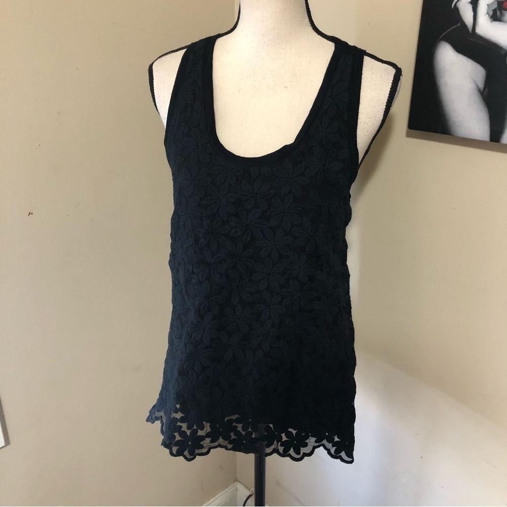 J. Crew Black Lace Scalloped Hemline Top
